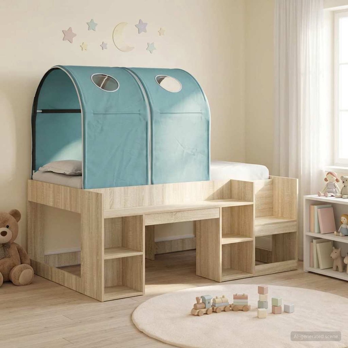 vidaXL Bed - met - Tunnel - 3 - st - Sonoma - Eiken - en - Lichtblauw - Bewerkt - hout Sonoma eiken en lichtblauw