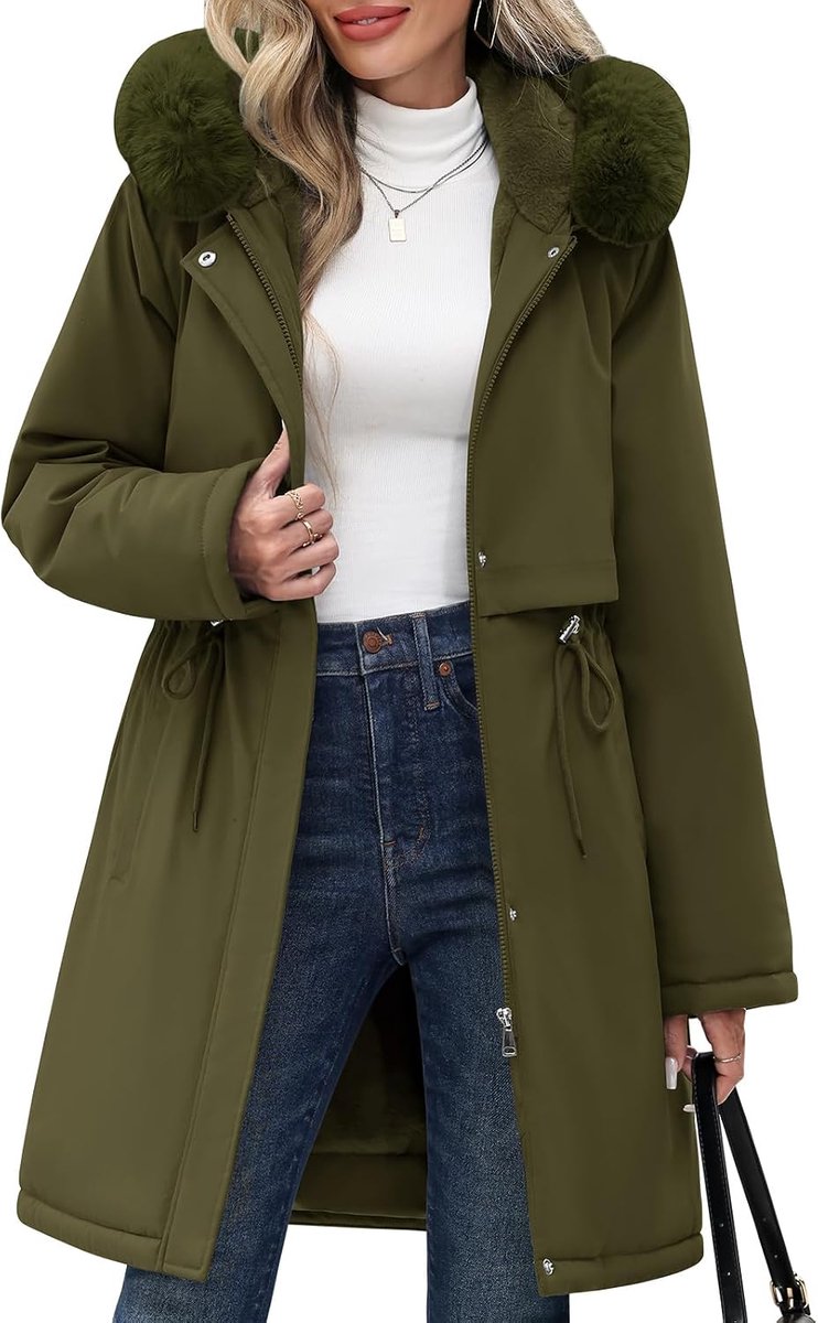 Damesjas voor de winter, lange jas, dik, warm, fleecejack met capuchon, elegante donsjas, winddicht, voor dagelijks gebruik en buiten