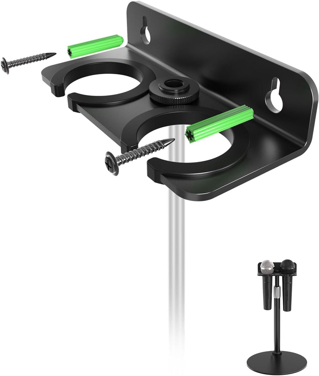 Mic-Houder voor Standaard & Wand, voor 2 Bedrade/Draadloze Handmics
