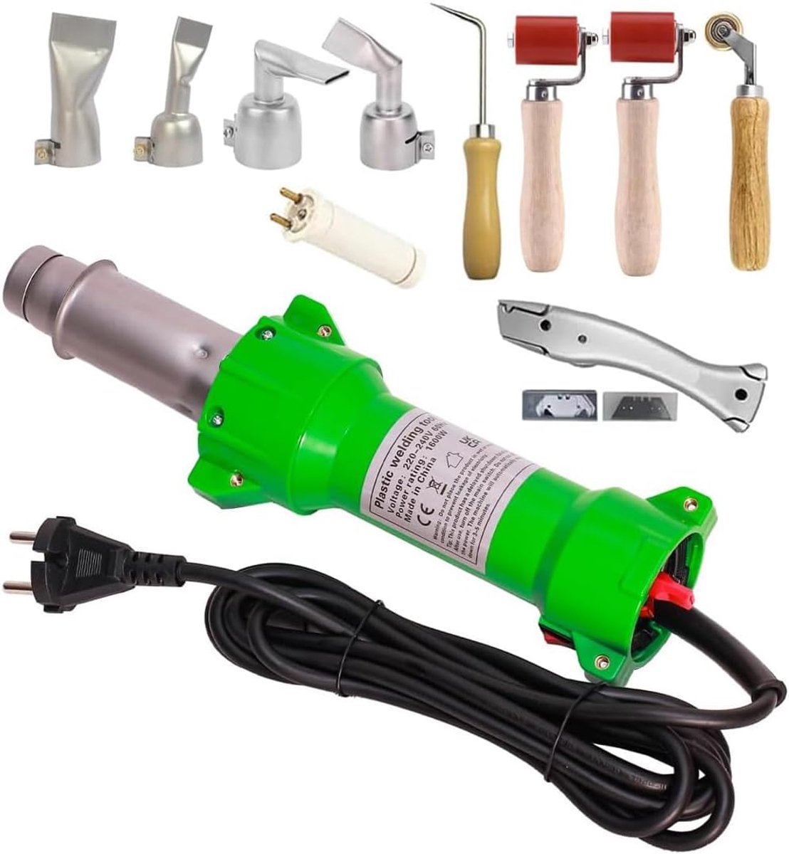 1600 W kunststof lasapparaat, soldeerwerk, kunststof lasapparaat, heteluchtpistool, PE laspistool, led-verlichting, met platte lassproeiers, rol