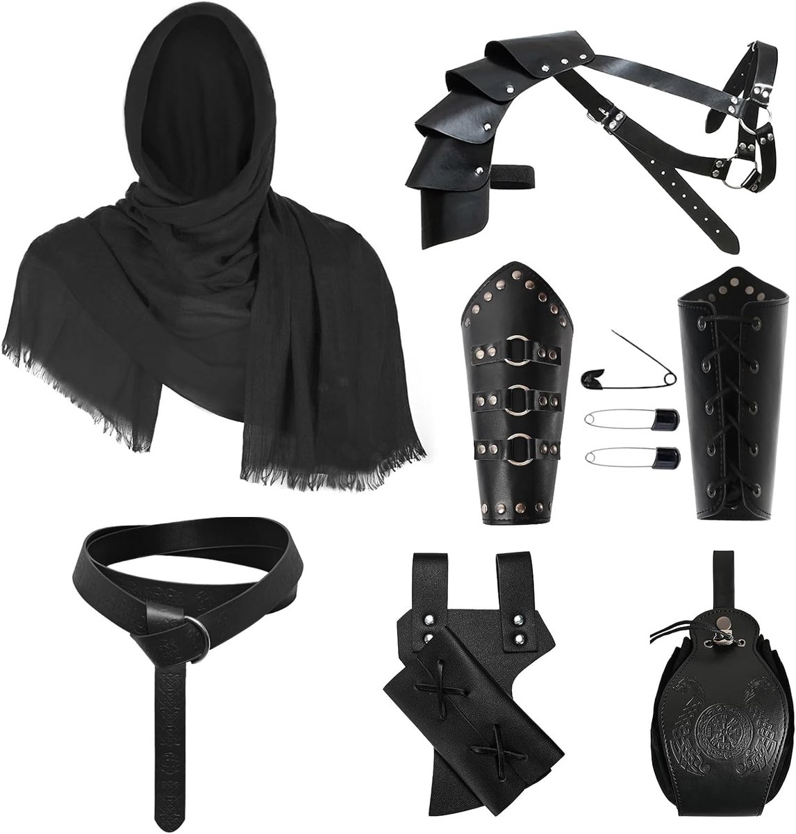 ridder accessoires accessoires retro cosplay accessoireset voor heren middeleeuwse cape met capuchon, riem en armbanden, heuptas