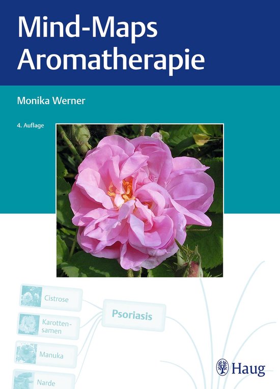 Livre 'Mind-Maps Aromatherapie' avec une rose rose et du texte sur le psoriasis et l'aromathérapie.