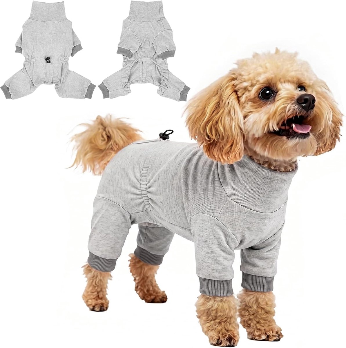 pyjama voor kleine en middelgrote honden, lichte stretch, hondeneendelig 4-poot met buikvrij design, perfect voor thuis, slapen, ondergoed, vachtbescherming en overgang, gemêleerd grijs