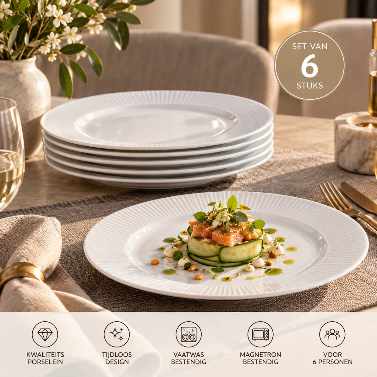 Fameilleur Dinerborden Wit 24,5 cm – Set van 6 – Porseleinen Platte Borden – Eetborden met Geribbelde Rand – Servies Borden voor Diner Lunch Ontbijt Hoofdgerecht-Horeca Restaurant Hotel Tafelservies – Vaatwasserbestendig- borden set- bordenset- diner