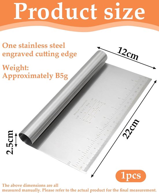 Deegschraper van roestvrij staal met meting, 22 x 12 cm, deegsnijder voor taarten, cakes, pizza, taarten, dough — afbeelding 2
