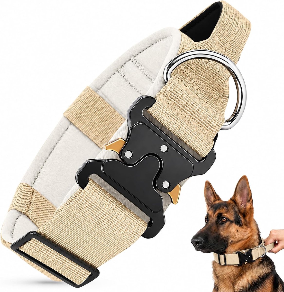 tactische halsband voor grote middelgrote honden, militaire halsband verstelbaar, gevoerd, met handvat en metalen gesp, voor wandelen en training (beige, M)