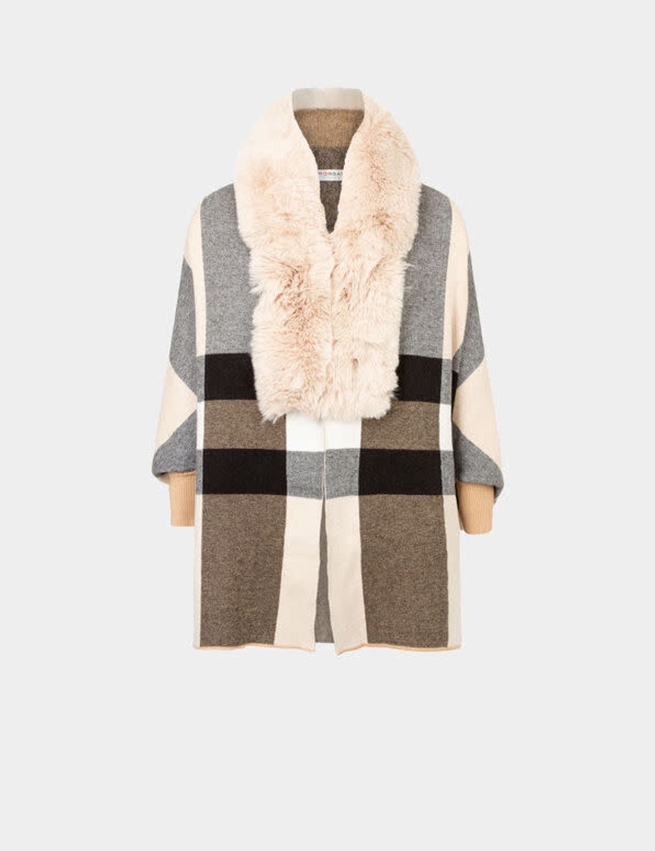 Morgan - Poncho met details van imitatiebont in zandkleur - Maat : One Maat