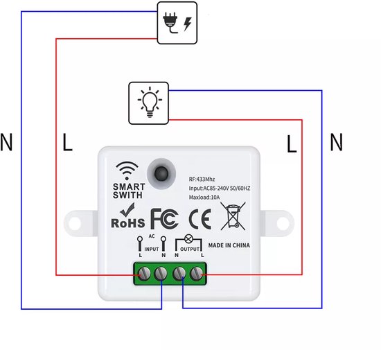Schema van een witte slimme schakelaar met RF 433Mhz, input AC85-240V, maxbelasting 10A.