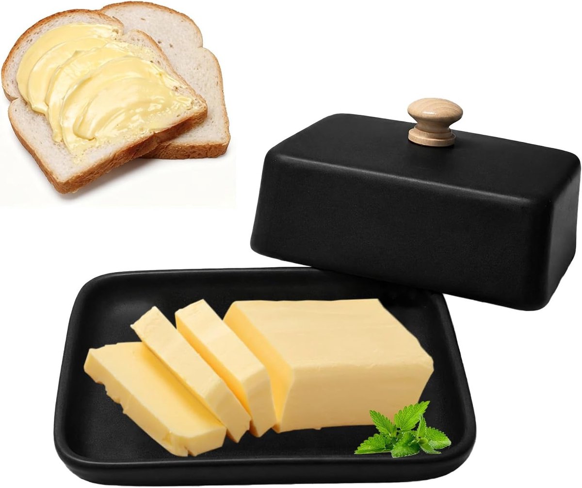 Botervloot van keramiek met deksel, botervloot, 250 g, boterbel, luchtdicht, vershoudbaar, vaatwasmachinebestendig, voor koelkast en keuken, zwart
