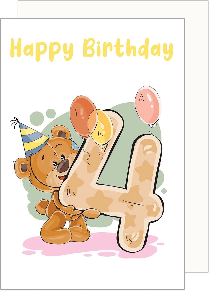 Seidel Premium verjaardagskaart voor de 4e verjaardag met envelop. Kinderverjaardag felicitatiekaart Billet Happy Birthday jongen meisje (G3375 SW023)