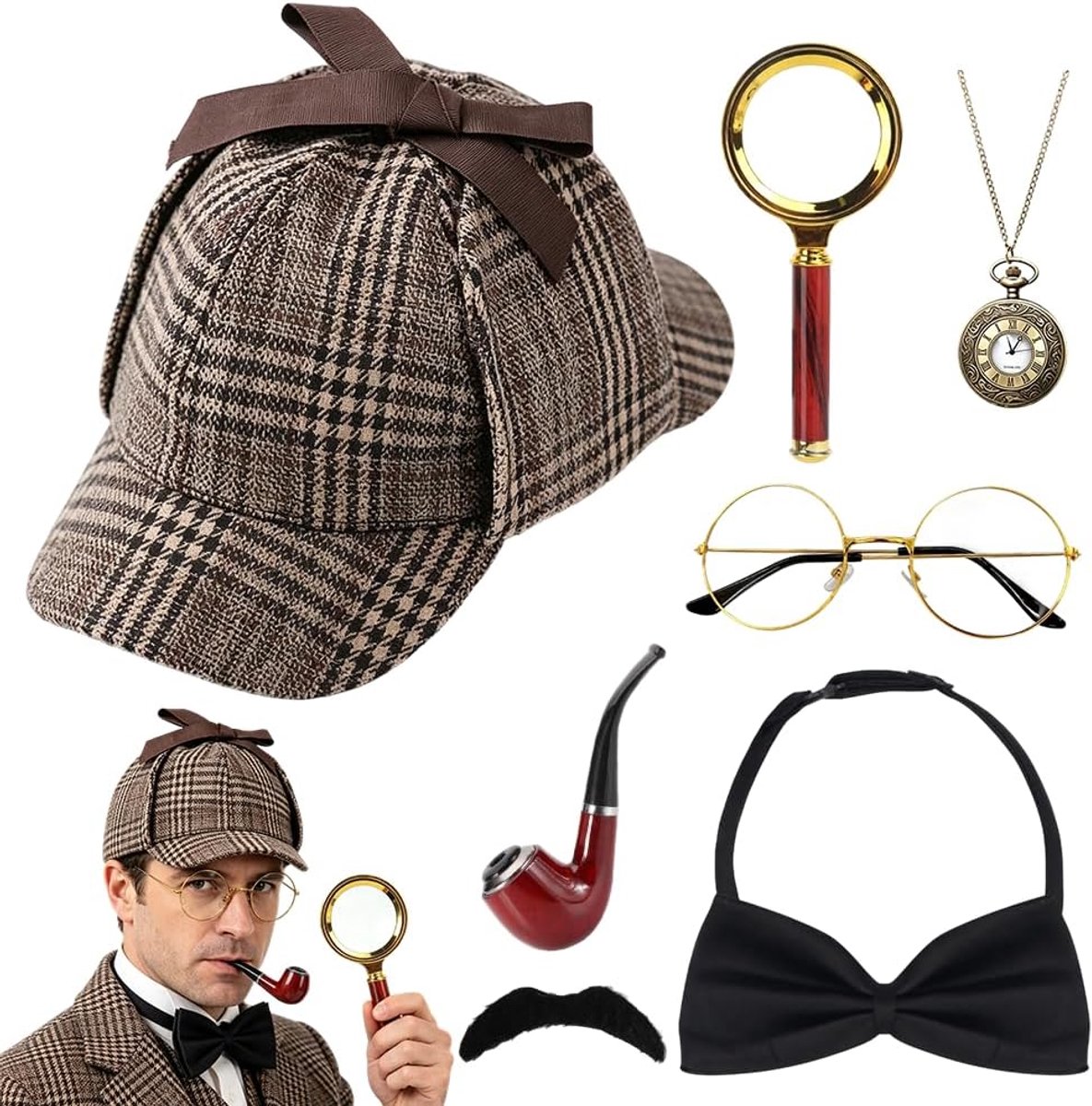 7-delige detective-kostuumaccessoireset, Sherlock Holmes kostuumaccessoires, met hoed, bril, vergrootglas, snor, vlinderdas, pijp, zakhorloge, detective, cosplay-rekwisieten voor kinderen en