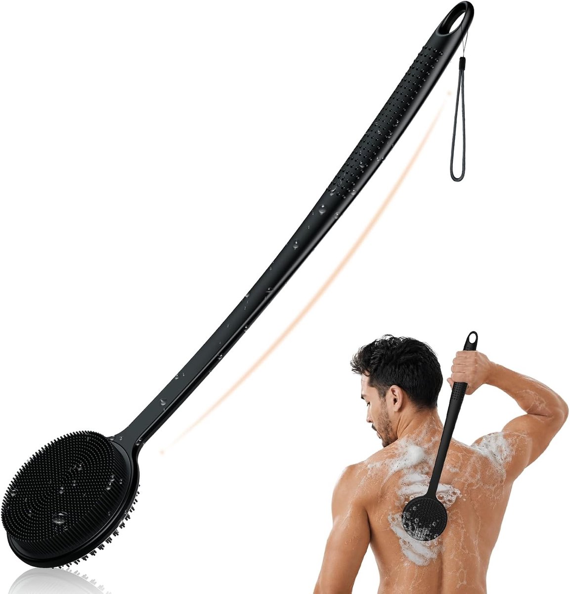 Dubbelzijdige body scrubber met lange handgreep voor exfoliatie en massage, ideaal voor een verfrissende douche-ervaring en rijk schuim