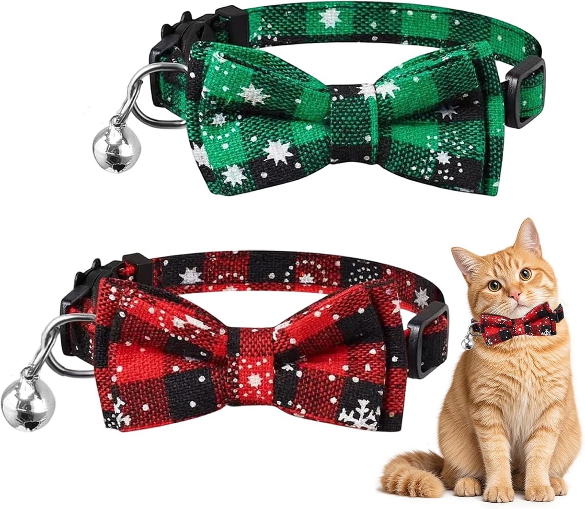 Set van 2 kersthalsbanden voor katten en honden, sneeuwvlok, verstelbaar, geruit, met vlinderdas en belletje, voor dieren, rood/groen