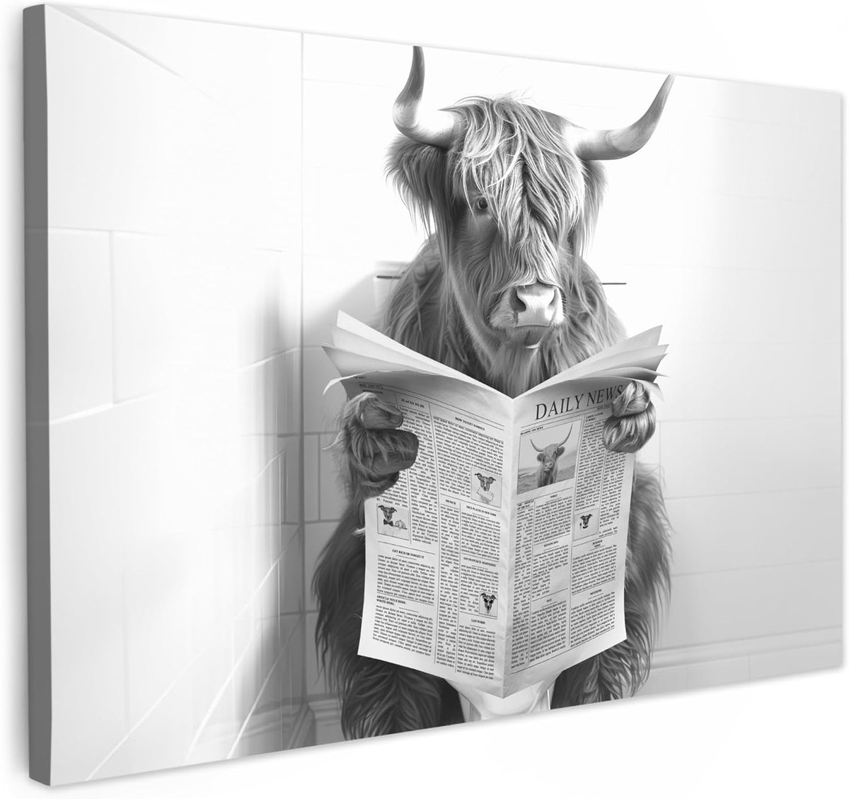 Tuinschilderij 150x100 cm Room Decor Kamer Decoratie Terras Wanddecoratie Wall Balkon Decoration Canvas Muur Art Painting Schotse hooglander - Koe - WC - Krant - Zwart wit