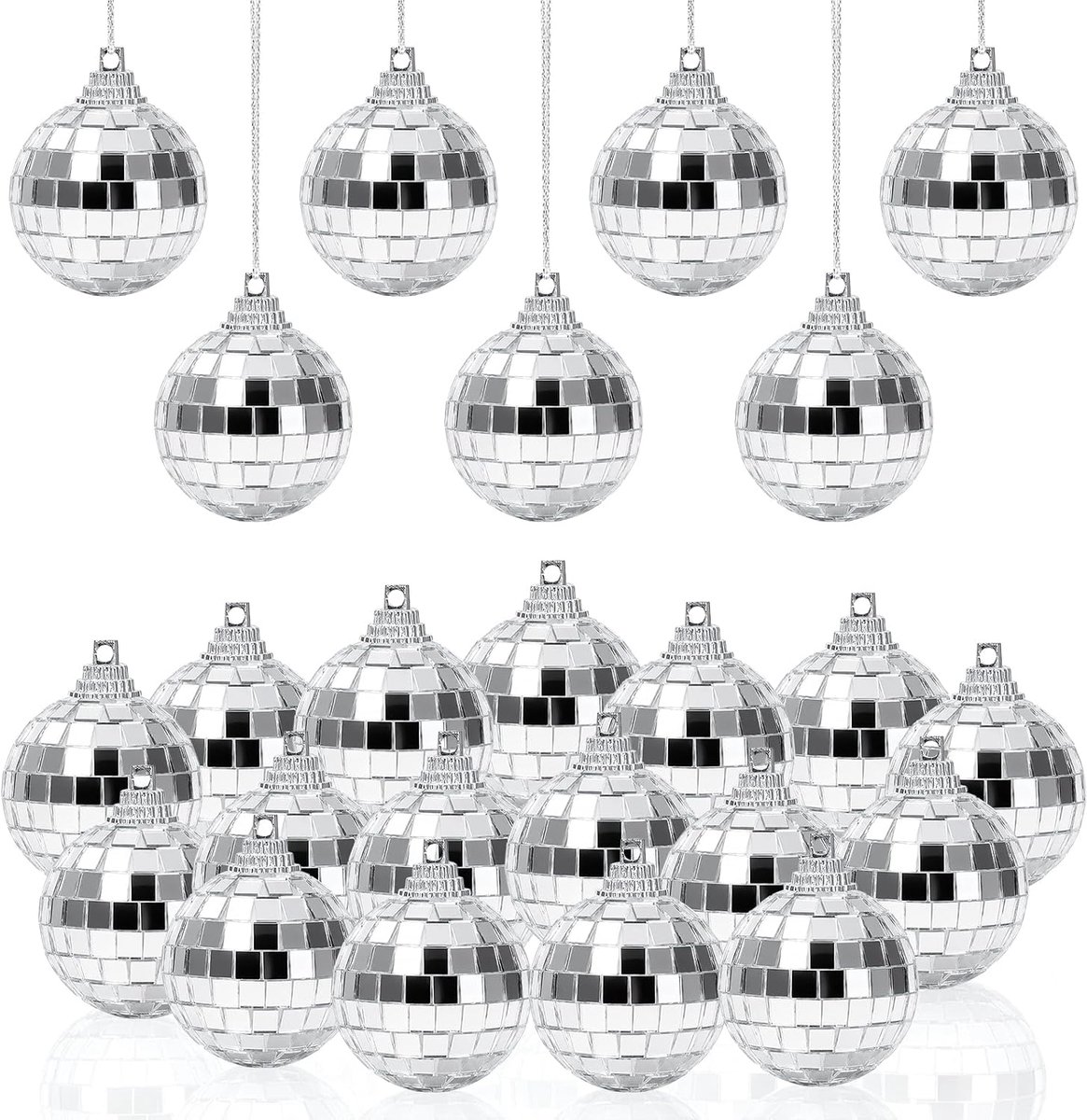 Set van 24 mini-discoballen, 4 cm, zilverkleurige spiegelballen om op te hangen, glanzende discobal, klein met hangende ring, voor kerstboom, bruiloft, thuisfeest, verjaardagsfeestdecoratie