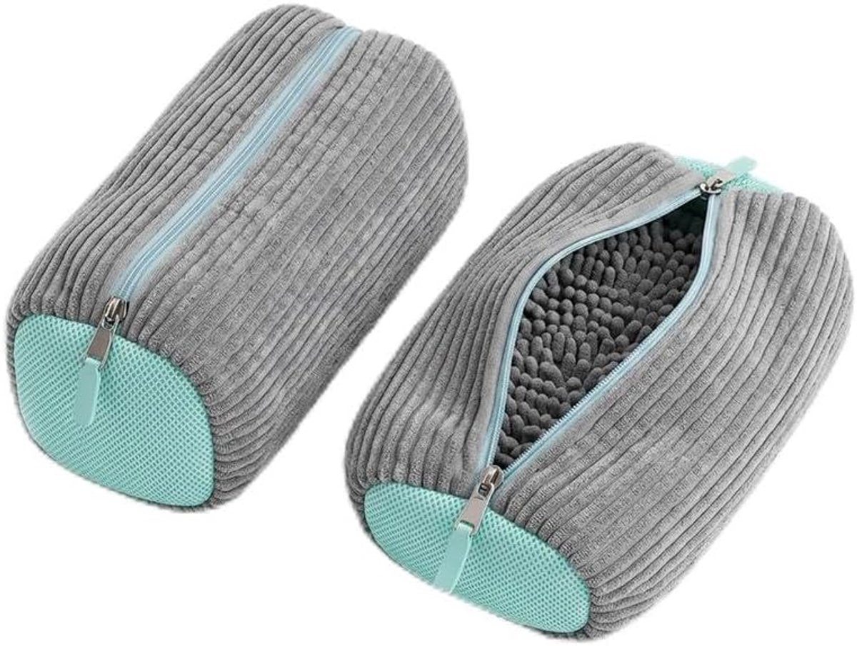 Waszak voor schoenen, wasmachine, 2 stuks, wasnet, sneakers en tennisschoenen, chenille, 360 graden, herbruikbaar, met verborgen ritssluiting, 39 x 19 cm, grijs