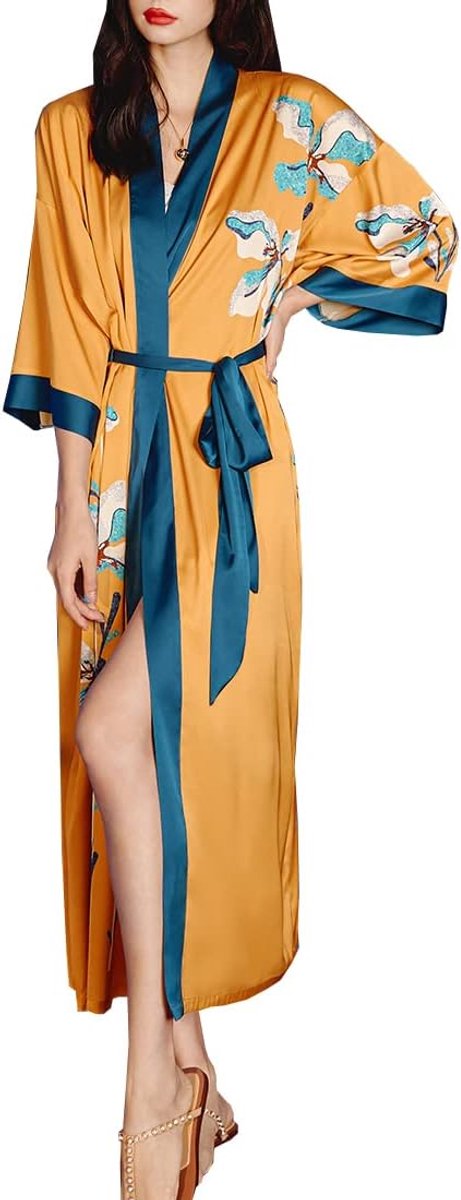 zomer kimono bedrukt satijn zijde lang elegant nachthemd