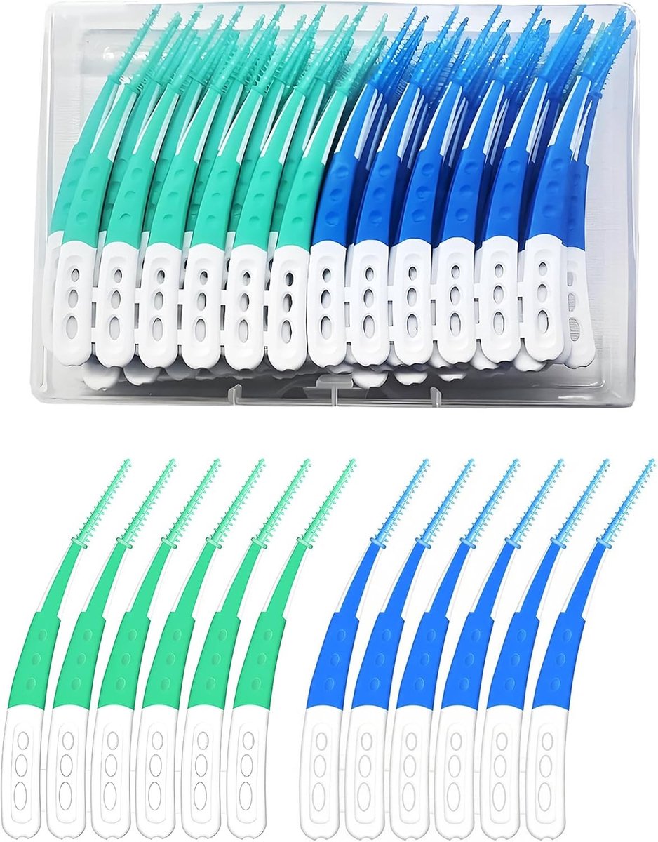 Interdentale Borstels - Blauw en Groen - 84 Stuks - Siliconen met Gebogen Design - Voor Optimale Mondhygiëne