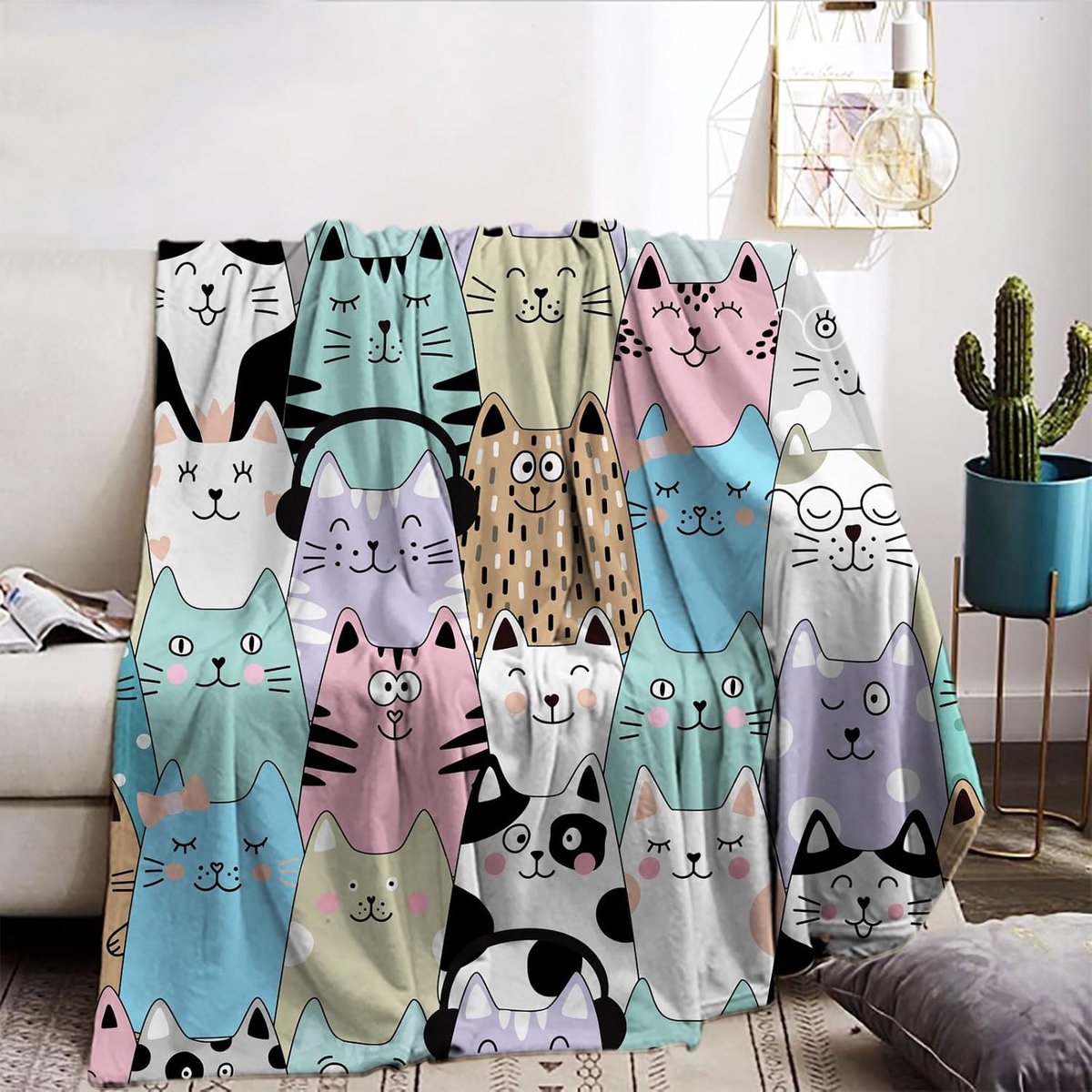 Deken met kattenmotief 130x150cm, Cartoon katten knuffeldeken fleece deken met 3D dierenprint, zachte warme fleecedeken als bankovertrek, dagdeken, woonkamer deken (A, 130x150cm)