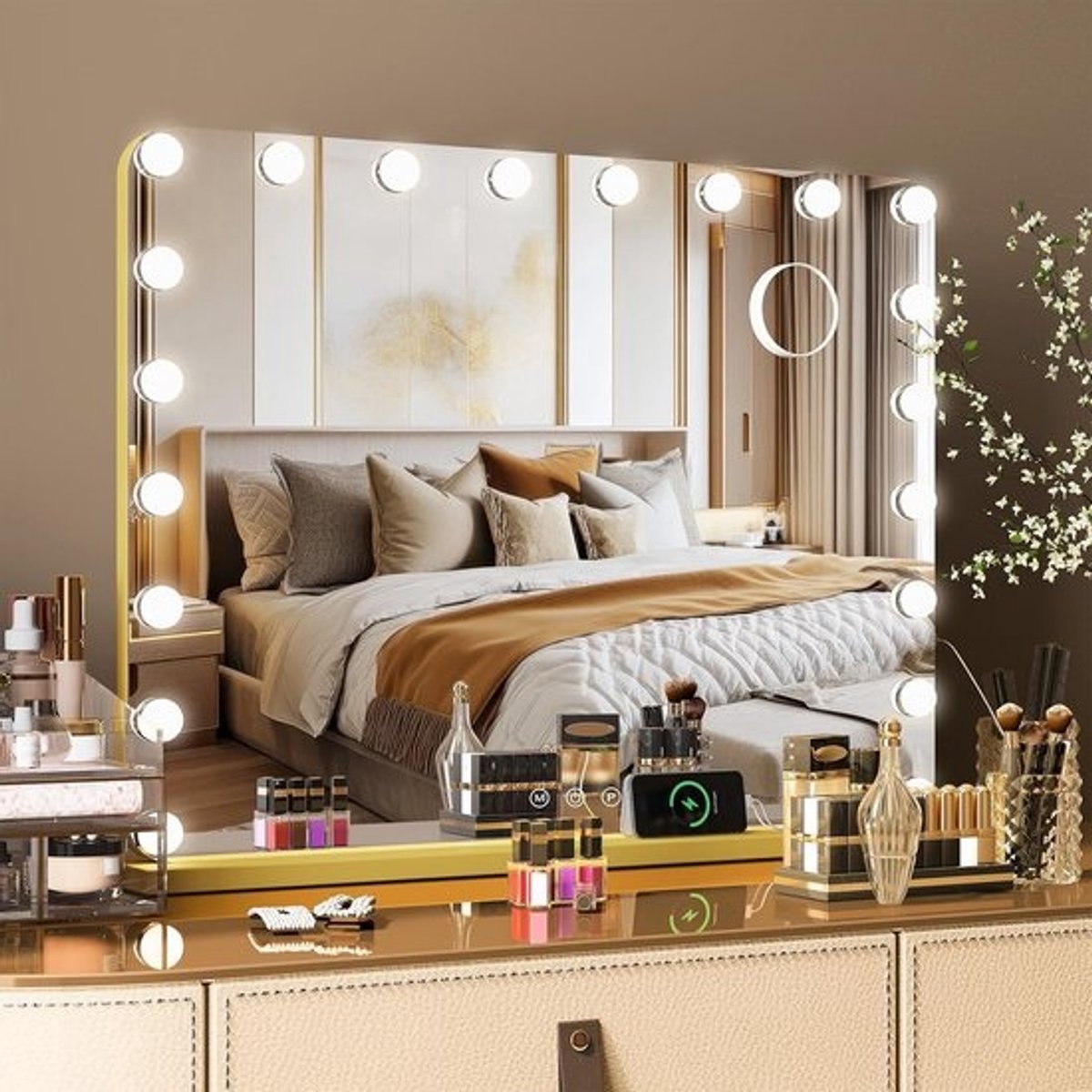Grote Hollywood Make-up Spiegel 80x60 cm met 20 LED Lampen, 3 Kleuren en Touch Dimmer