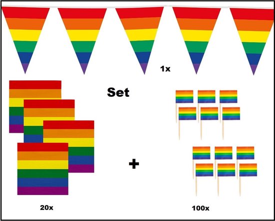 Ensemble de fête avec imprimé arc-en-ciel : guirlande, serviettes et pics à cocktail.