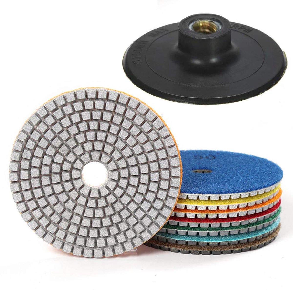 7-delige Diamant Natte Polijstschijf Set - Met Steunschijf - Voor Graniet, Steen, Beton, Marmer Vloerschuurmachine of Polijstmachine - 3 Inch