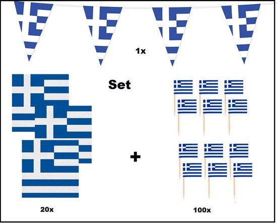 Kit de fête avec drapeaux grecs : guirlande, serviettes et cure-dents.