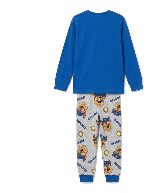 Blauwe pyjamaset met lange mouwen, voorpand met Chase van Paw Patrol, broek met Chase-motief op grijze stof.