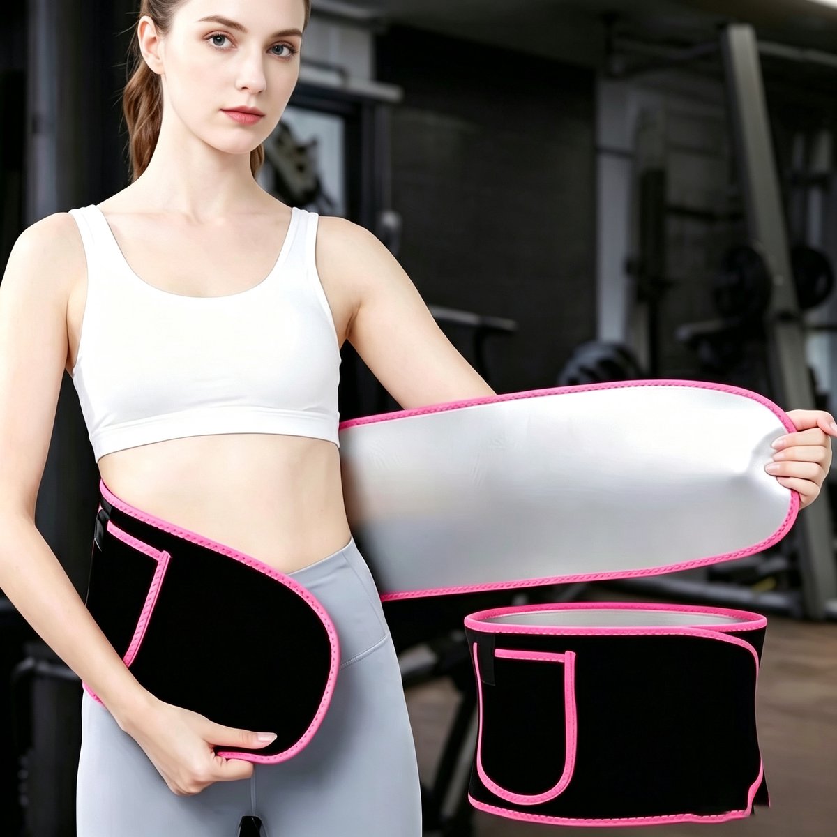 Unisex waist trainer met buikcontrole – vochtregulerend vormgevend en compressieondersteuning voor de onderrug (zwart met roze bies en zakken)
