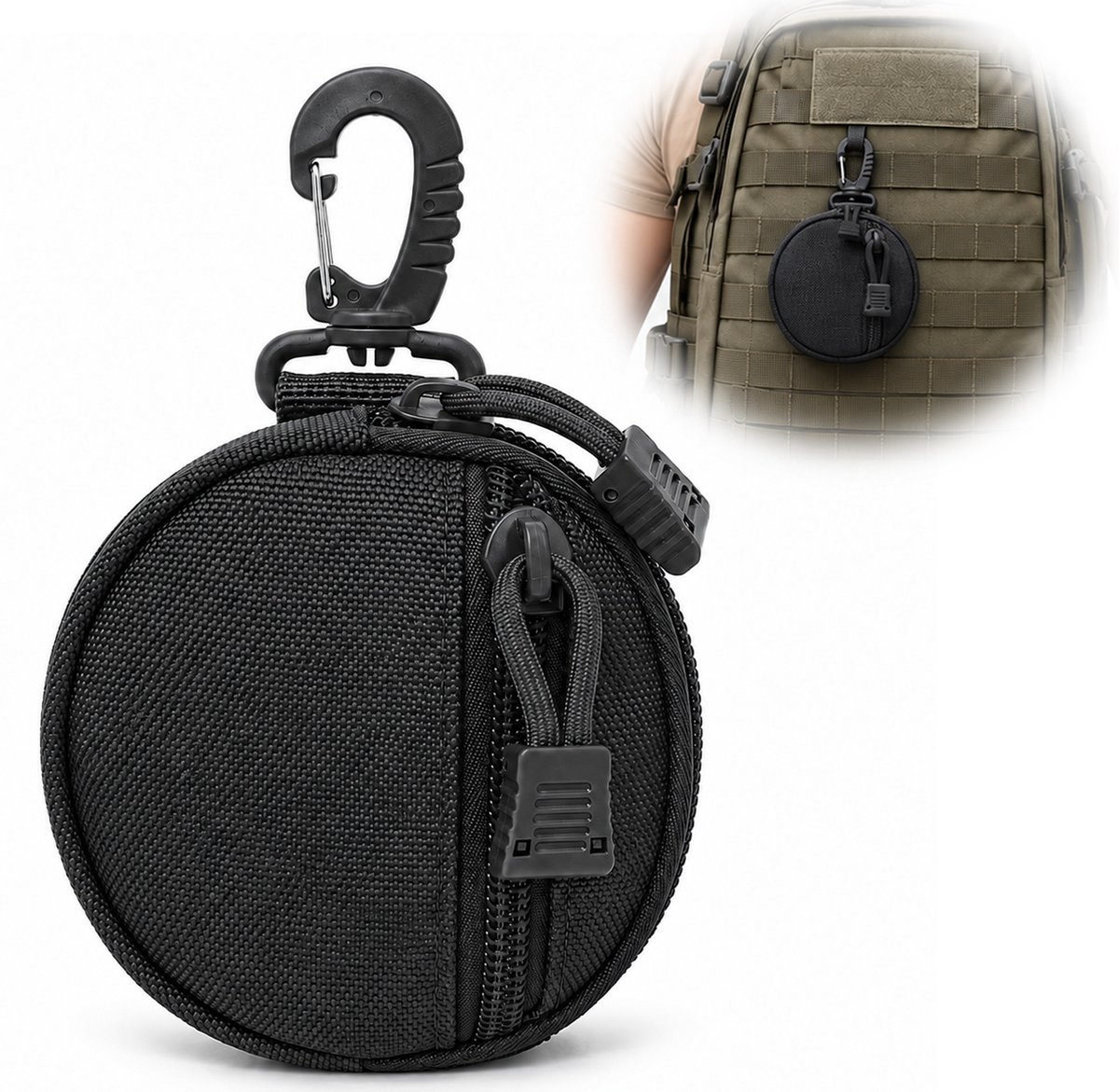 Kleine Tas - Kleine Opbergtas Accessoires - 600D Oxford Coin Purse Keychain - Rond Formaat voor Oortjes, Sleutels en USB - Geschikt voor Broekriem of Rugzak - 11x2cm - Zwart