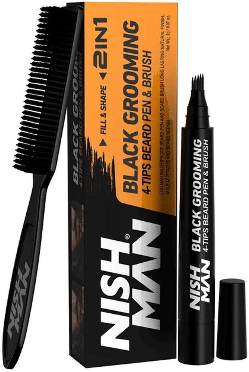 Nishman Black Grooming 4 Tips Beard Pen & Brush – 2-in-1 Baard- en Haaropvuller – Zwart