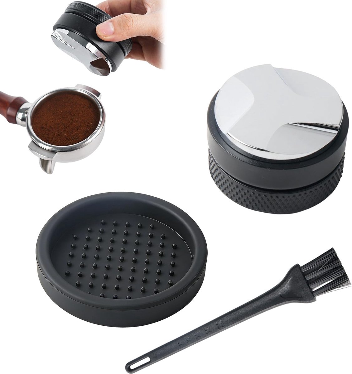 53 mm, koffiedistributeur, espresso leveler tool met siliconenmat en borstel, koffienivellerverdeler, barista-accessoires voor koffie, zeefhouder voor het stampen