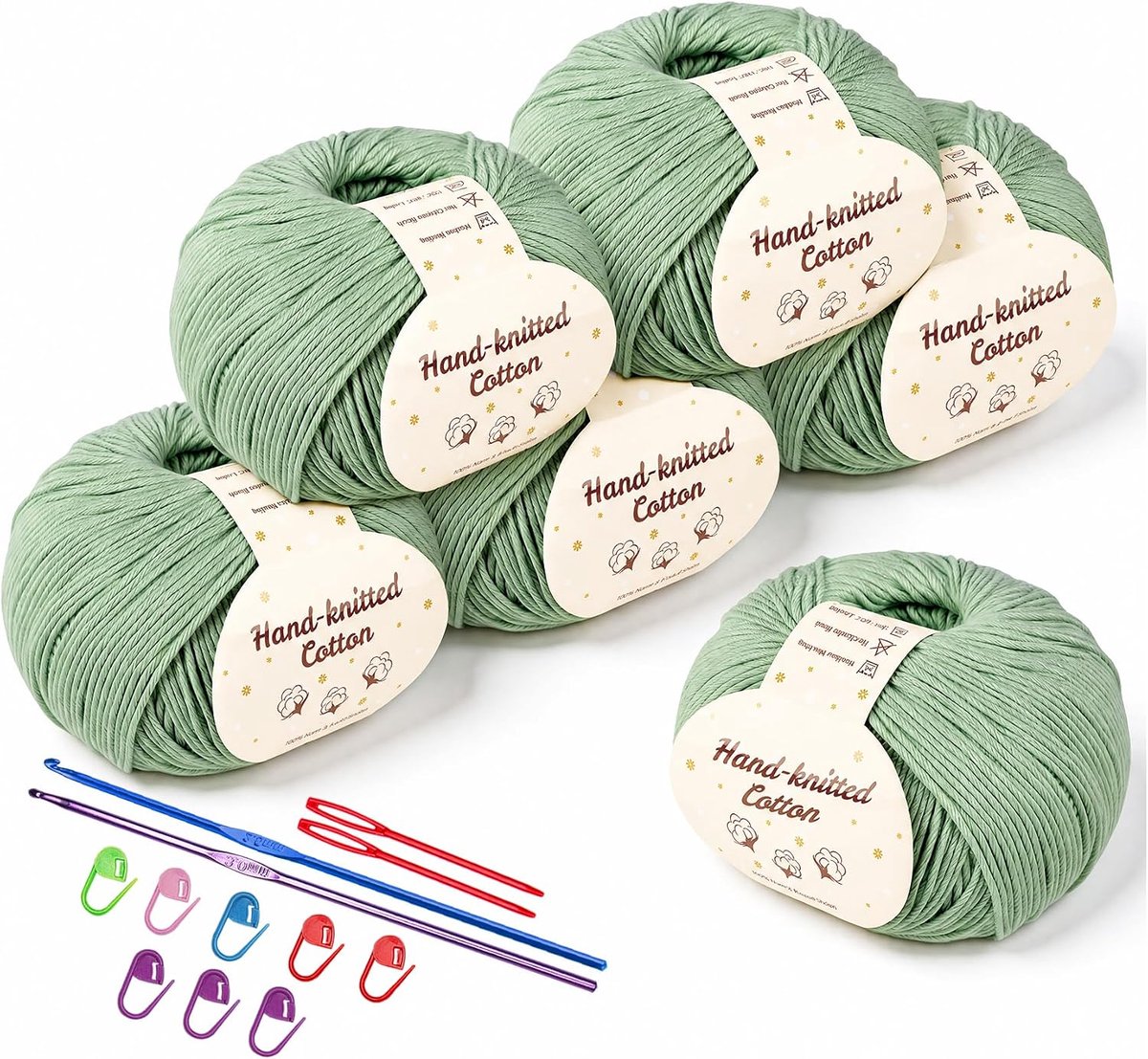 ilauke Wol om te haken, 6 x 50 g katoen om te breien, babywol om te breien zacht, haakgaren, complete set met haakaccessoires voor babydeken, kleding, pannenlappen, tassen, mat groen