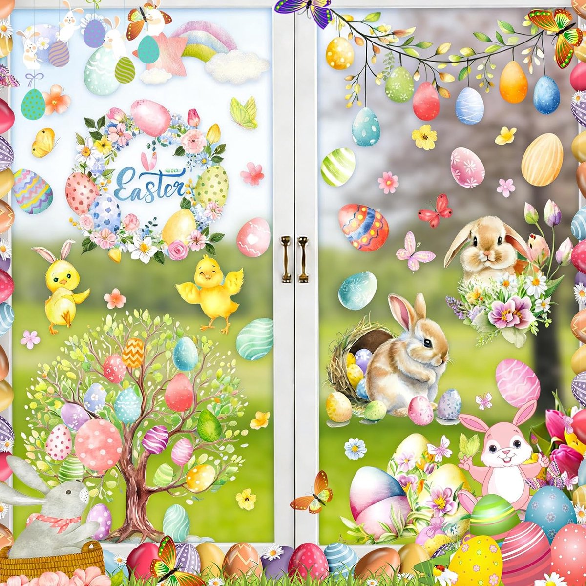 9 Vellen Lente Pasen Raamklampen, PVC Statische Stickers Paasdecoratie Raamstickers met Konijn Eieren Vlinder Bloemen, PVC Zelfklevend Vellen Paashaas Raamstickers voor Glazen Raamdeuren