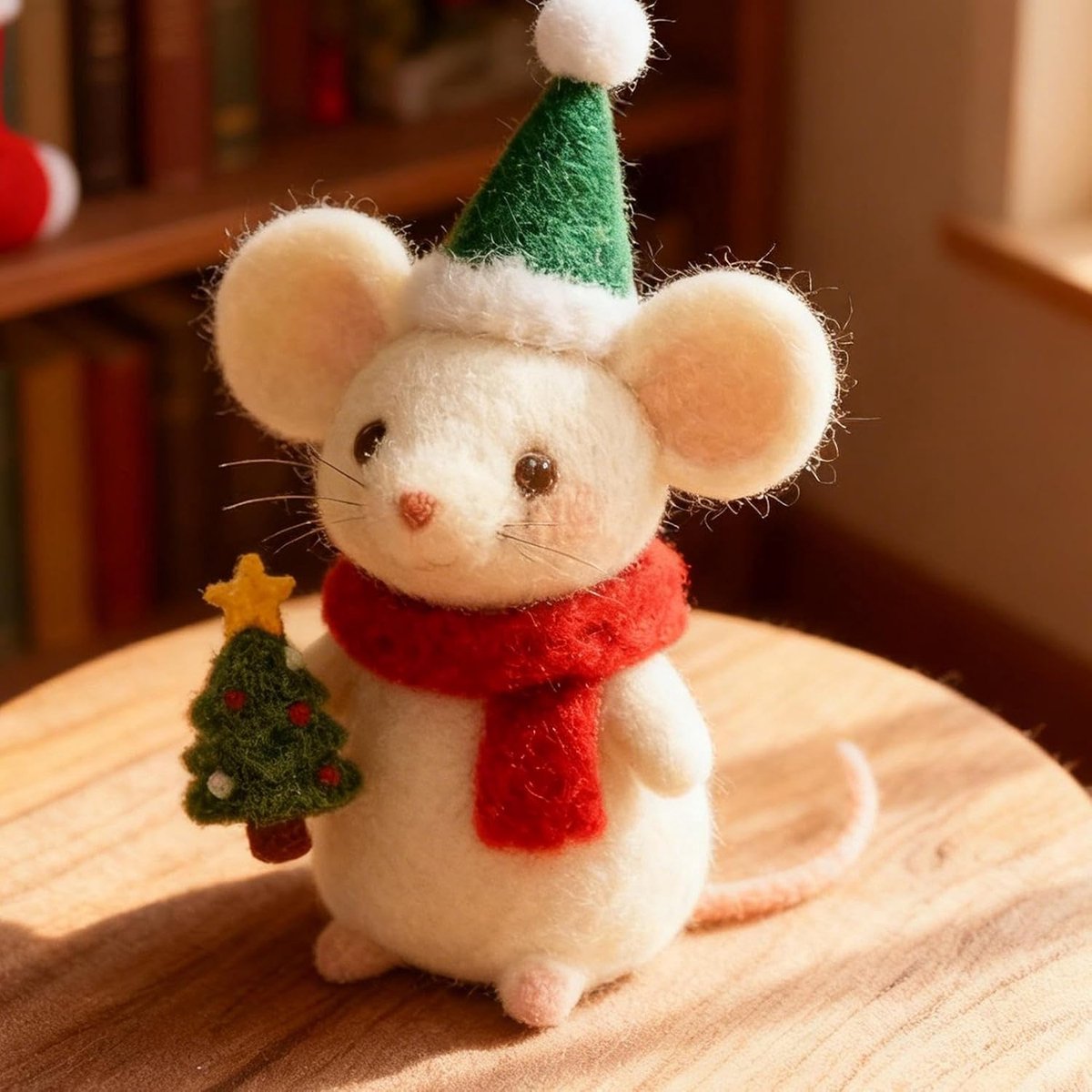 Kerstversiering - Vilten Kerstmuis Met Rode Hoed - Handgemaakt Naaldvilten Ornament - Hangende Kerstboomdecoratie - 8x4x4 cm - Wit - 1 stuk