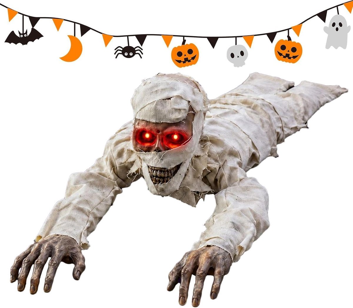 Halloween Decoratie - Halloween Kruipende Mummie - Spraakgeactiveerde Decoratie met Lichtgevende Ogen en Geluid - Voor Spookhuis en Feest - 1 stuk