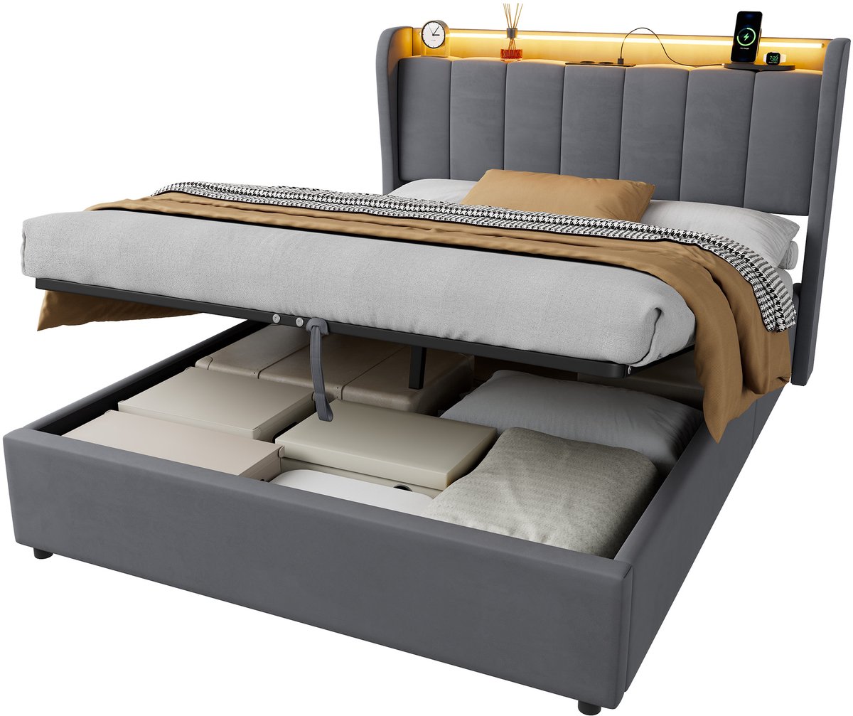 MEUNIQ Opbergbed 140 x 200 cm met hydraulische bedbox, gestoffeerd hoofdbord, ledverlichting en laadstation voor de slaapkamer, donkergrijs