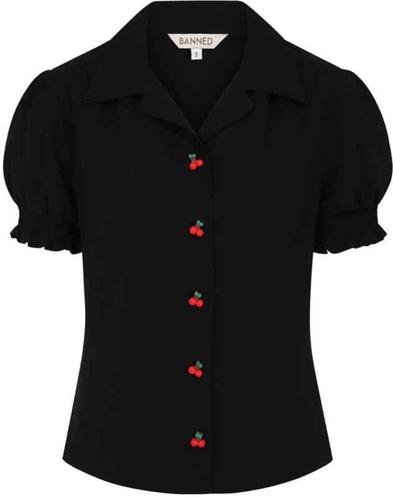 Blouse noire à manches courtes bouffantes, col et boutons en forme de cerise.