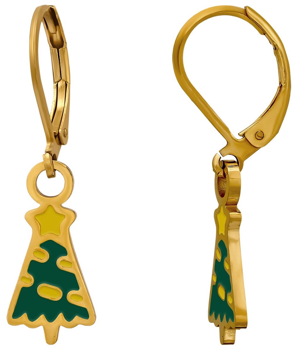 Joy|S - Kerstboom bedel oorbellen - Brisure sluiting - Chirurgisch staal - groen geel - ip/pvd gold plated - kerst oorbellen met leverback - kinderoorbellen