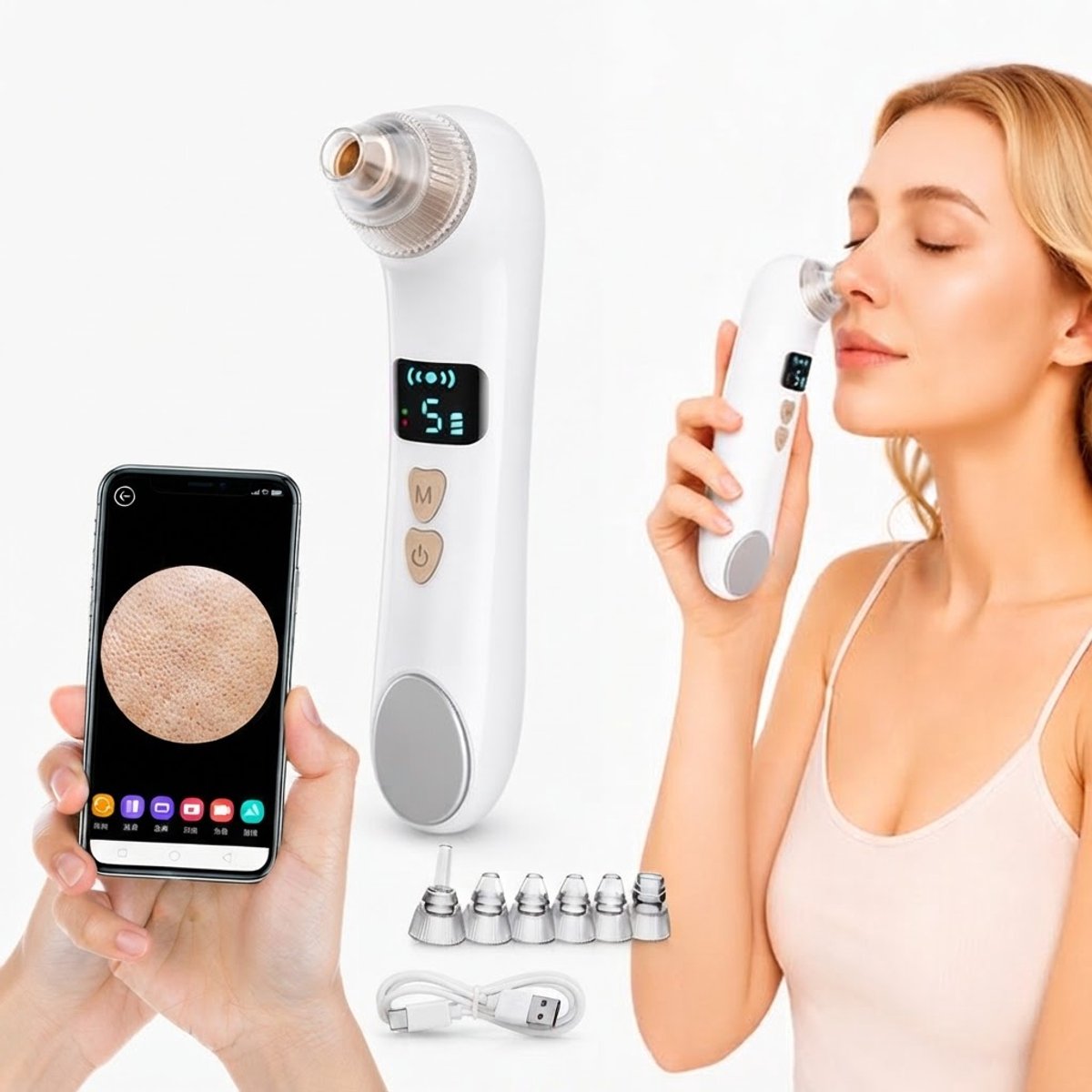 ECTEATOY® BlackHead Remover - Poriënreiniger - met Ingebouwde Camera - met Verwarmingsfunctie en 5 Zuigstanden - 3 Warmtestanden - Inclusief 6 Opzetstukken en USB-C - Wit