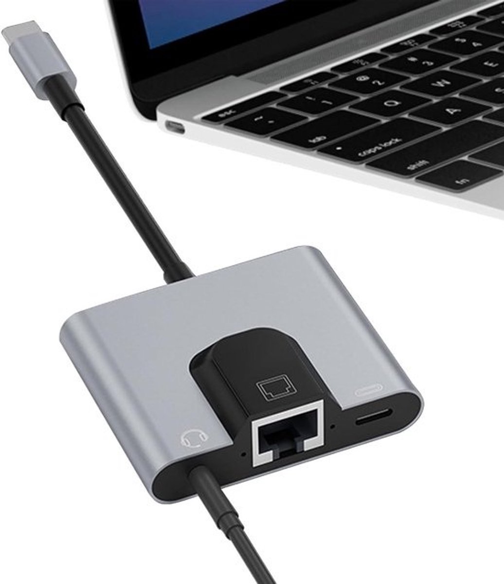 Type-C Ethernet Adapter - LAN Dongle Netwerk Hub - Stabiel Internet - Met PD Laden - 14.6 cm - Grijs