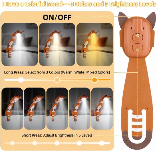 VHV - 2 IN1 Boekmerk Leeslampje - Klemlampen - Dimbaar - Met 3 Lichtkleuren & 5 Helderheid - Bladwijzer - Moeiteloos buigbaar - Draagbaar LED Leeslampje voor Boek - USB Oplaadbare - Kinderboeklamp - Bedlampjes Leeslampjes — afbeelding 2