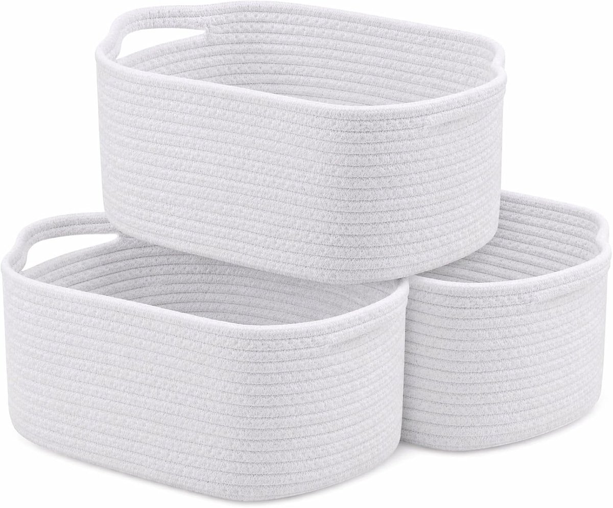 Set van 3 opbergmanden van katoenen touw, kleine rechthoekige gevlochten manden, 31 x 18 x 12 cm, organizer voor badkamer, babykamer en rek