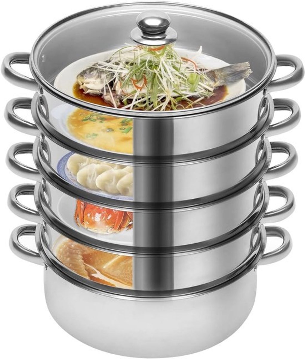 Stoompan Roestvrij Staal - Stoomkoker Inductie - Gezond Koken - 4 Stoomlagen - 26 cm - Zilver