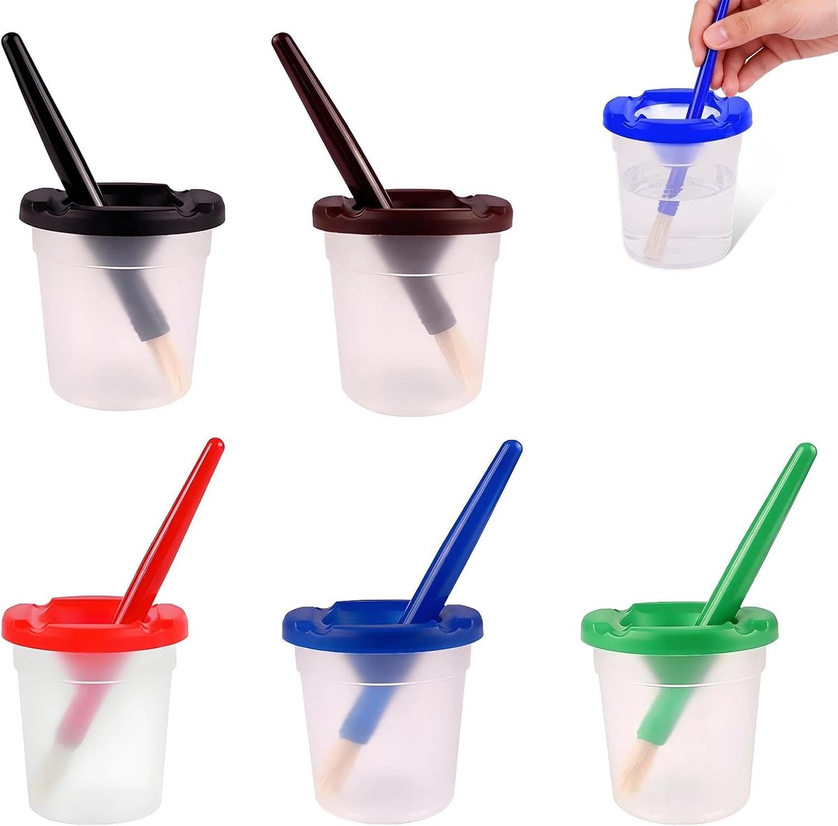 5-delige set met verfbekers met deksel, vijf kleurrijke, lekvrije verfbekers met deksel en vijfdelige penseelset, lekvrije verfbekerset, ideaal voor aquarelschilderen en knutselwerk