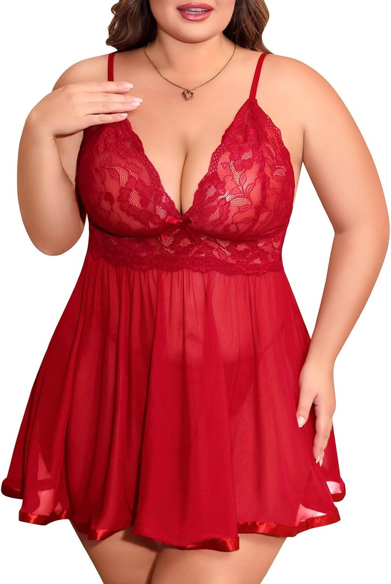 Lingerie nachthemd dames sexy ondergoed grote maten vrouwen babydoll kant sexy lingerie V-hals jarretelhouder nachtjurk Xl-4xl met string