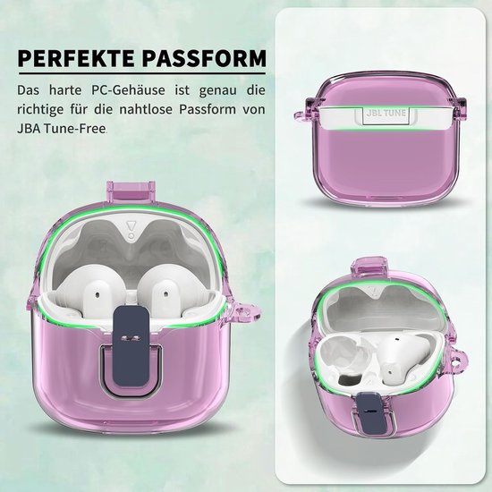 Beschermhoes voor JBL Tune Flex, MOWYEOK transparant pc-veiligheidsslot behuizing, speciaal ontwikkeld voor de JBL Tune Flex-oortelefoon, met karabijnhaak (paars) — afbeelding 2