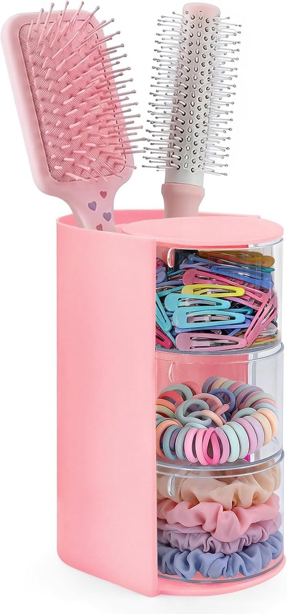 organizer met haarborstelhouder, 3 niveaus draaibare haarelastiekhouder, transparante opslag voor haarspelden, strikken, scrunchies, kammen, borstels en make-upborstels (roze)