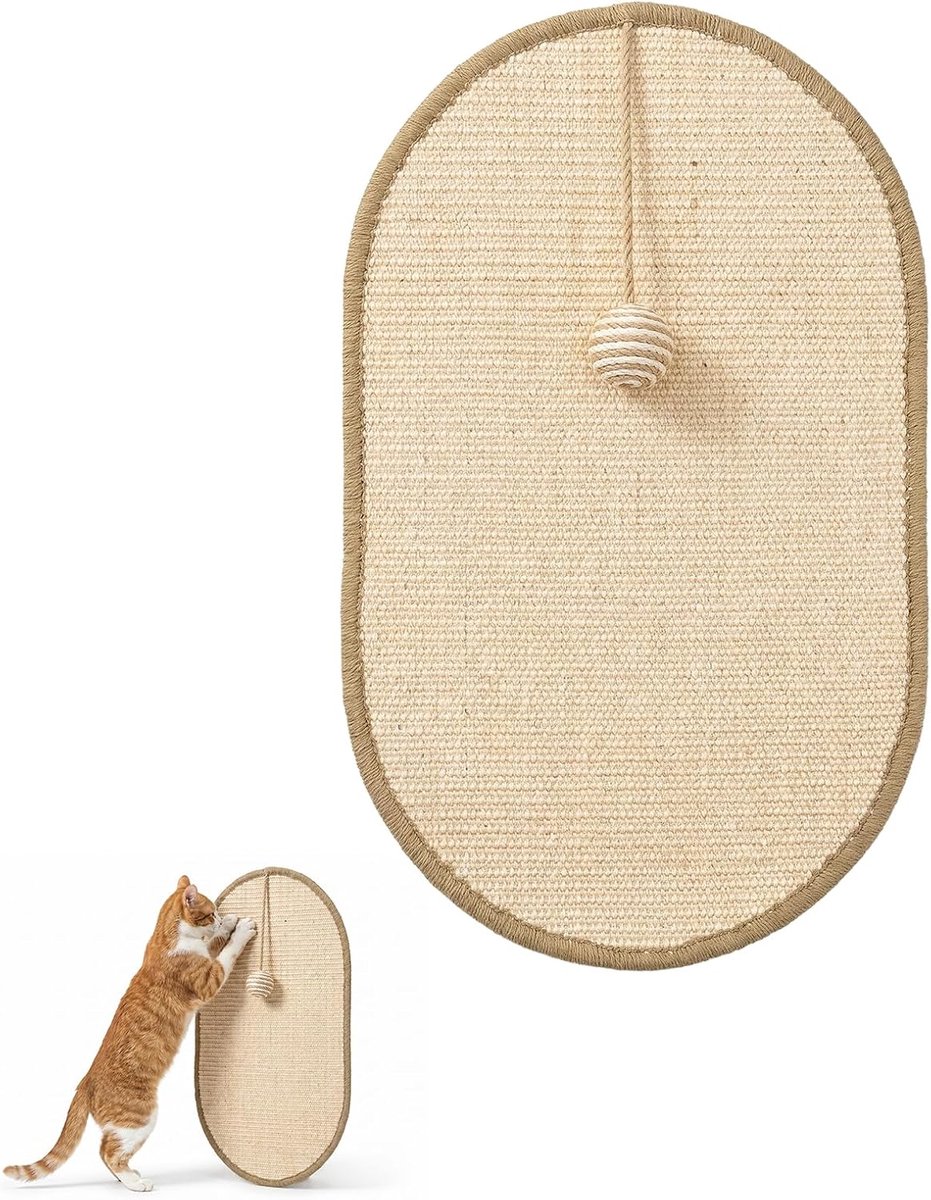 sisal kattenkrabber, zelfklevende kattenmuurkrabber, kattenkrabmat met sisal-bal, speelgoed voor muur, bank, tapijt, deurpaneel, 33 x 55 cm, beige