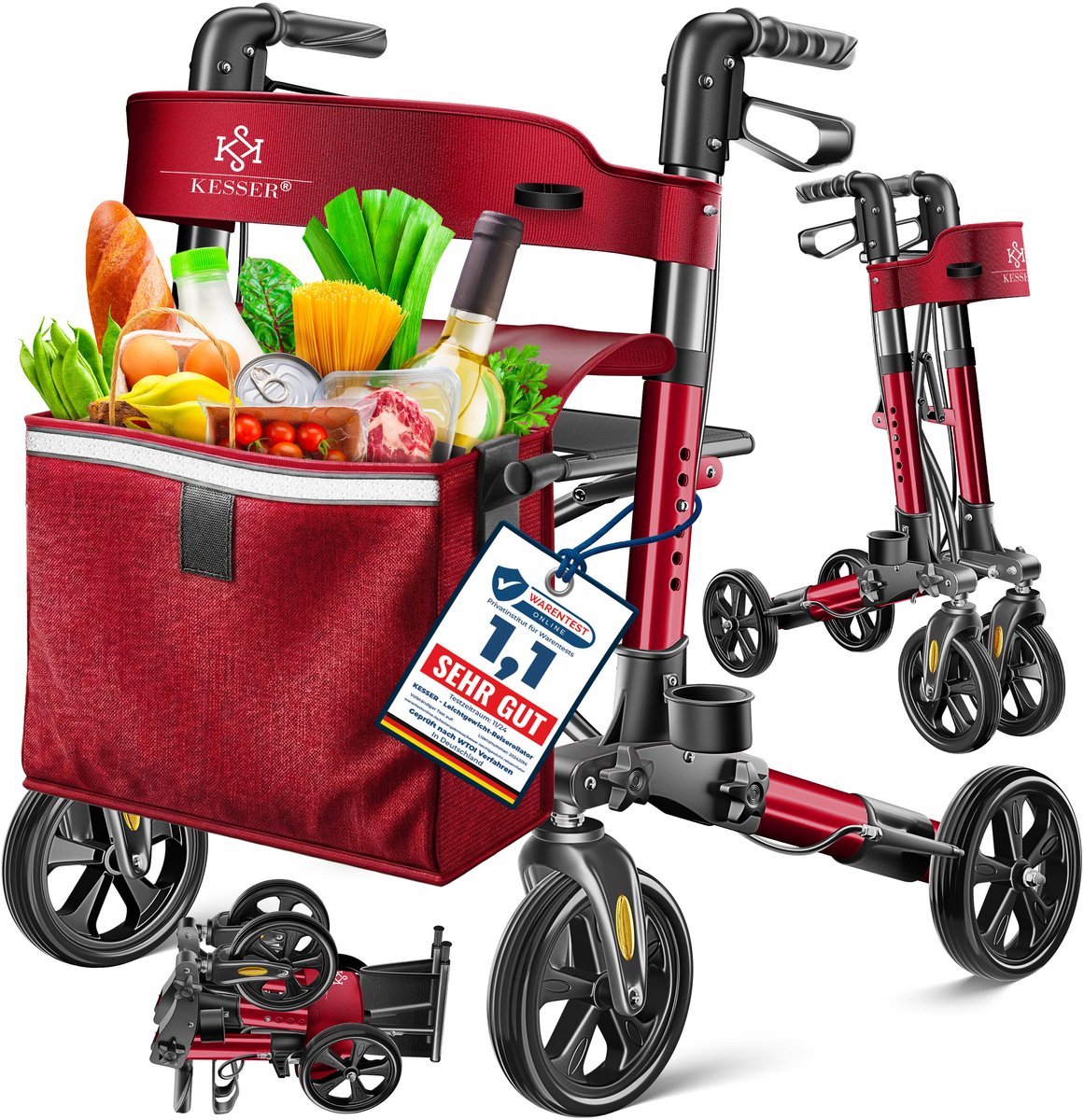 KESSER Rollator | Lichtgewicht & Inklapbaar | Looprek Opvouwbare aluminium rollator Licht loophulpmiddel - Rood